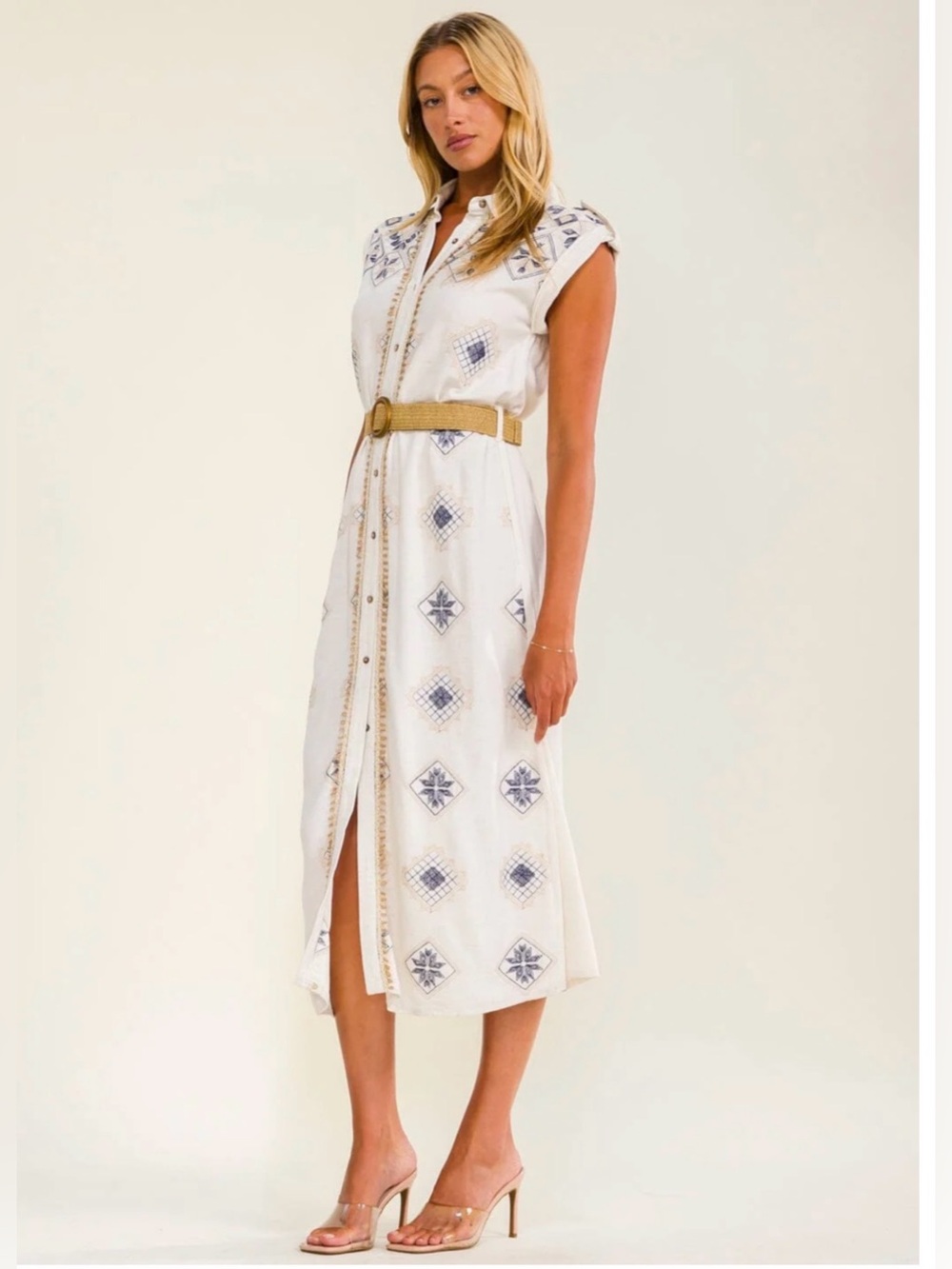 Sleeveless White Maxi Shirt Dress with Blue Embroidery - Picture 2 of 4